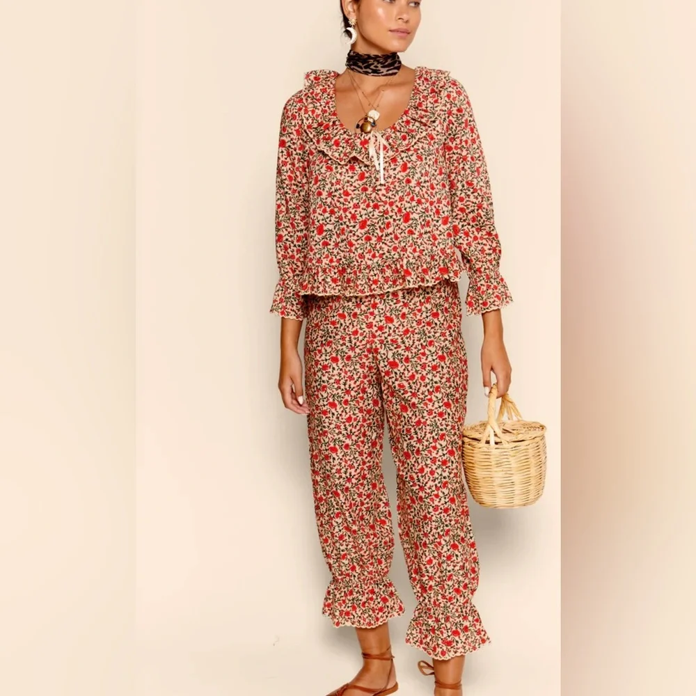 RIXO Bobbie Cotton Co-ord Ditsy Trail Cream Red Floral Ruffle Elastic Waist Pant - Picture 8 of 8